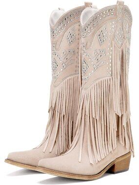 Women's Beige Suede Knee High Cowgirl Boot Fringe Rhinestone Western Chunky Heel